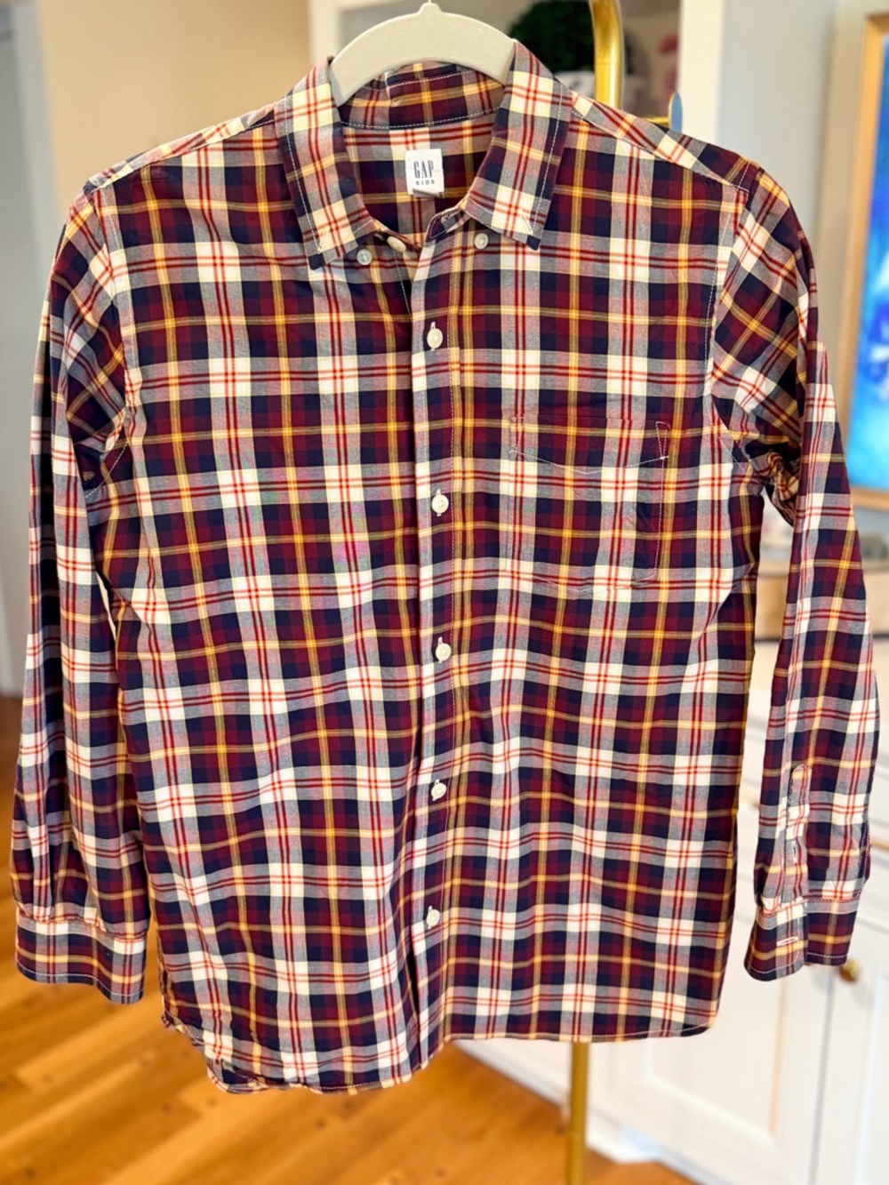 GAP Kids Boys Plaid Button-Down Shirt - Navy, Burgundy, Marigold Size XL